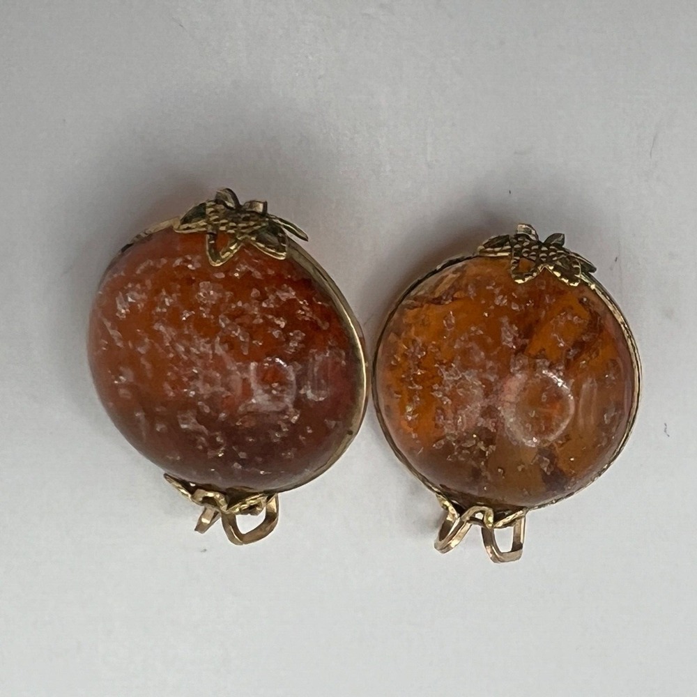 Vintage Hillcraft‎ Castlecraft Slip On Earrings Bubbled Gold Glass